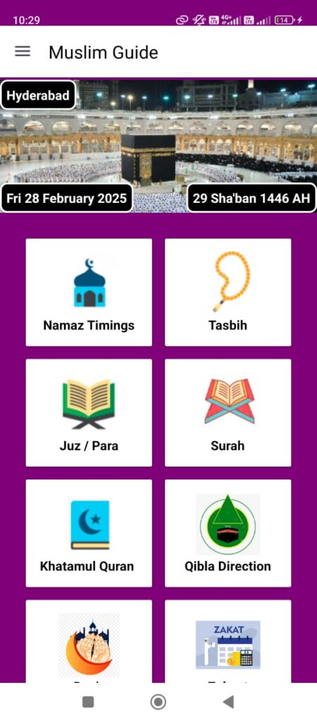 Dashboard of muslim guide android app