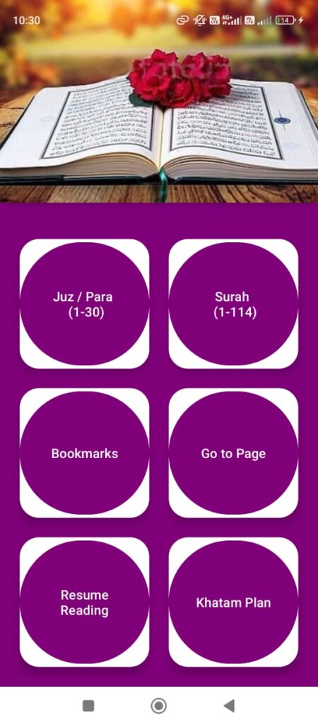 Dashboard of muslim guide Quran android app