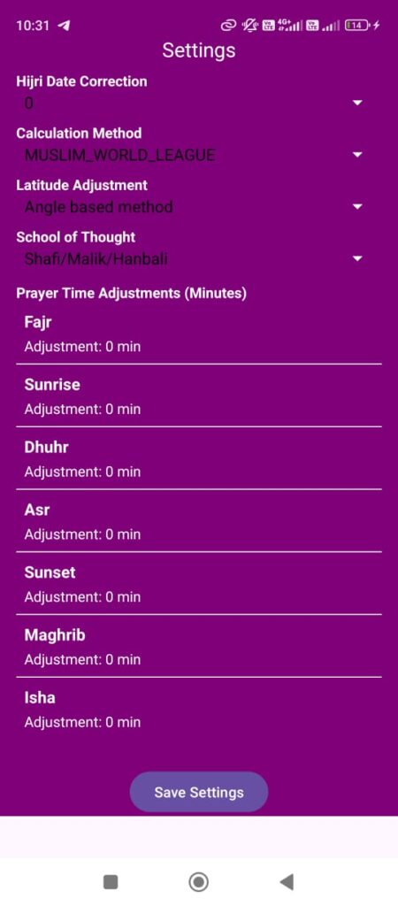 settings in muslim guide android app